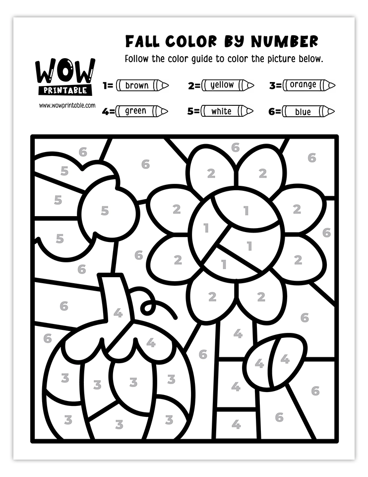 Charming pumpkin and sunflower color by number activity for kids.