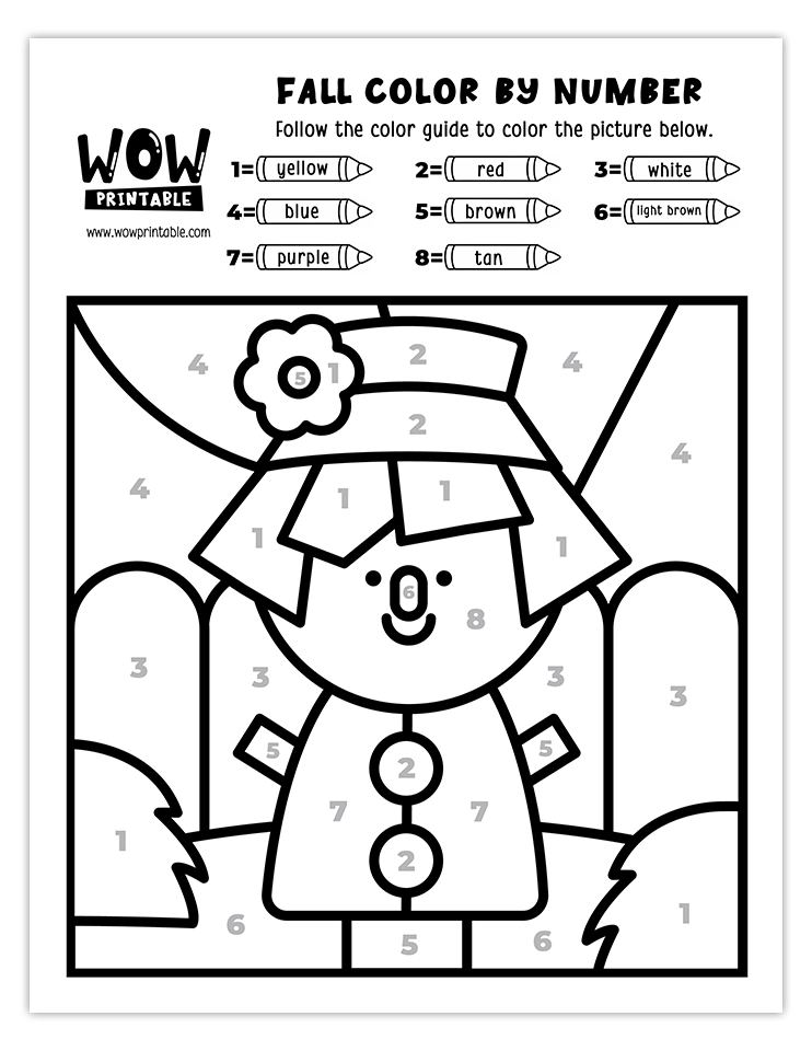 Printable fall scarecrow color by number activity with bright colors.