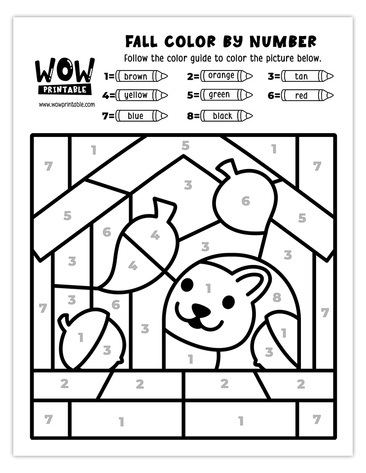 Charming squirrel in a house color by number activity for kids.