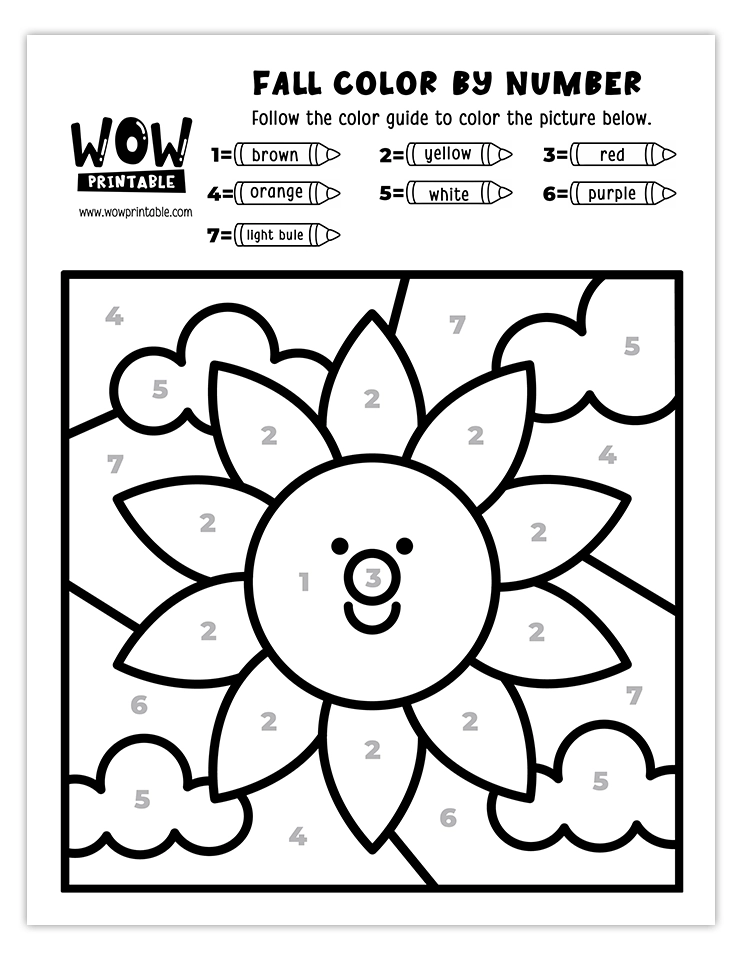 Bright sunflower color by number activity for kids during fall.