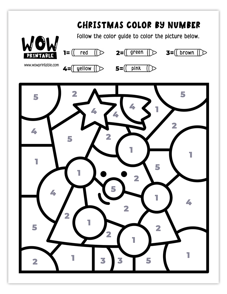 Christmas tree color by number worksheet with red, green, yellow, pink, and brown sections for holiday-themed coloring activities.