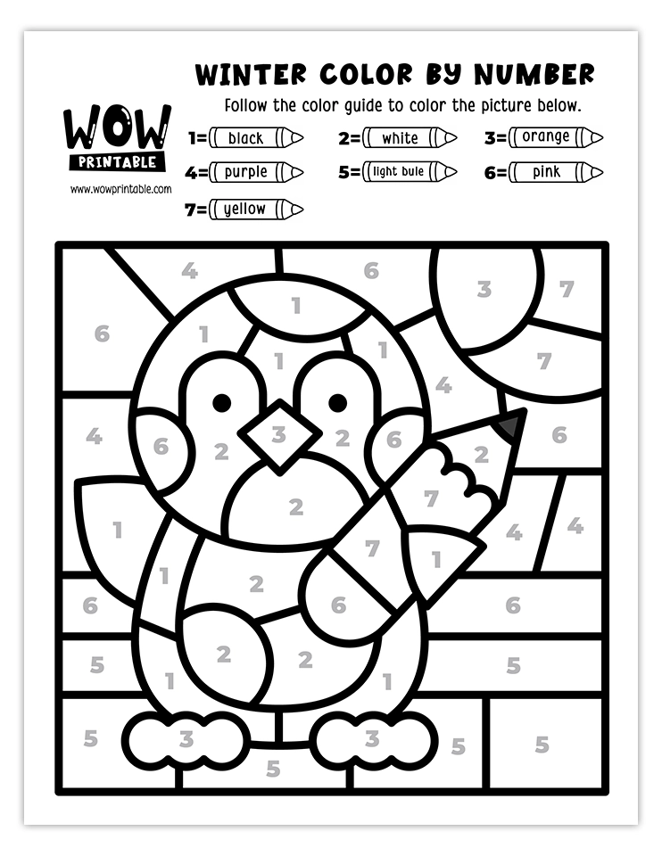 Adorable festive penguin color by number worksheet with bright and cheerful colors, perfect for kids' holiday fun.