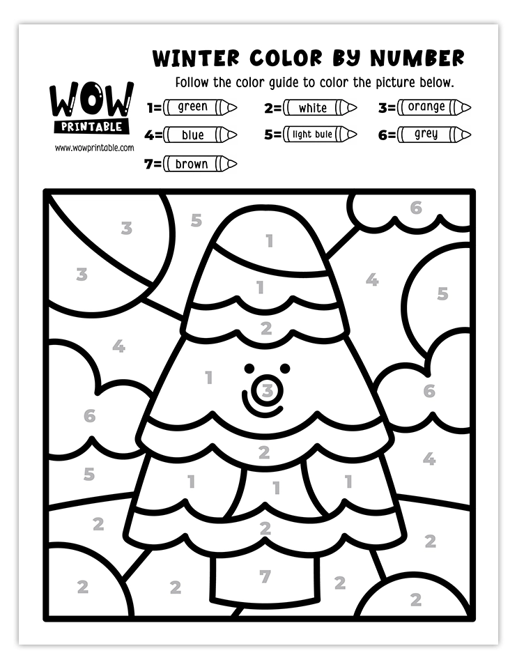 Engaging winter-themed color by number activity featuring a festive tree and snowy background for kids.