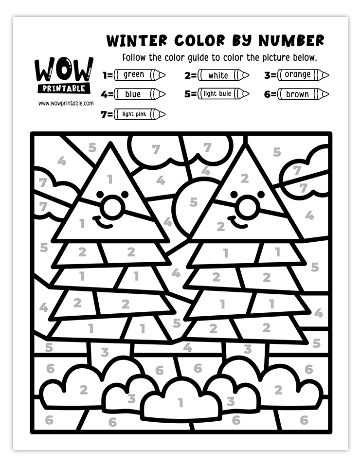 Charming winter trees color by number worksheet with a snowy, festive theme, perfect for kids' holiday fun.