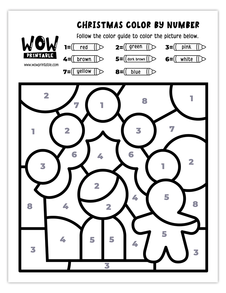 Christmas color by number worksheet featuring a gingerbread house and festive colors like red, green, brown, pink, and blue.