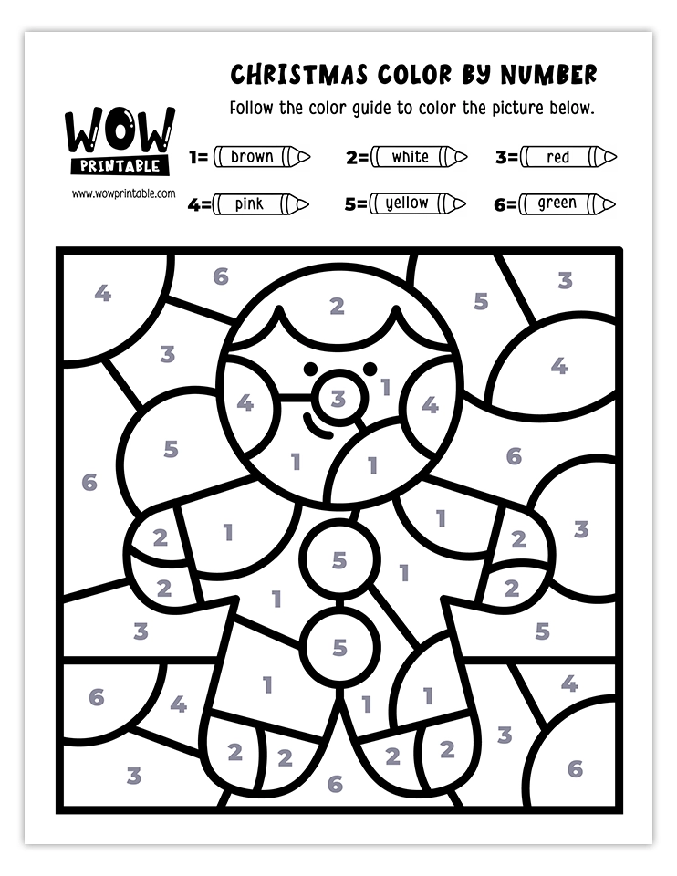 Color by number worksheet with a gingerbread man featuring festive holiday colors like brown, red, white, pink, yellow, and green.