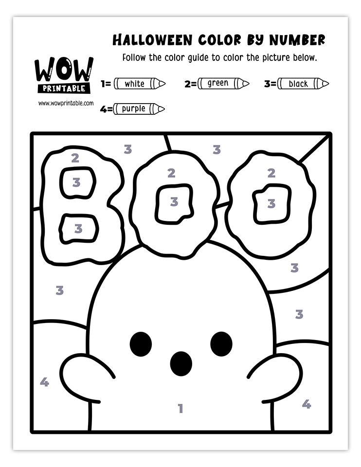 Spooky ghost with 'BOO' text color by number activity with white, green, black, and purple hues. Fun and engaging for Halloween crafts.