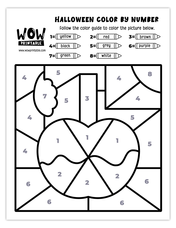 Delicious candy apple color by number activity with yellow, red, brown, green, black, grey, purple, and white hues. Perfect Halloween craft for kids.