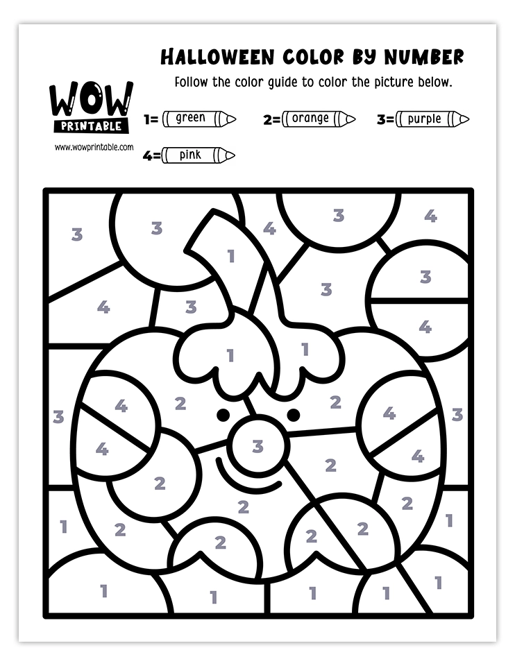 Cute pumpkin color by number activity with green, orange, pink, and purple hues. Perfect Halloween-themed coloring fun for kids.