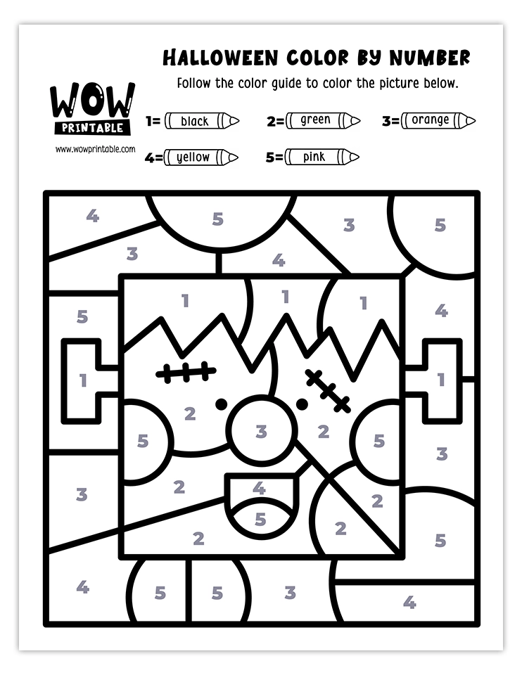 Halloween Frankenstein color by number worksheet with vibrant colors like green, orange, and pink. Perfect Halloween activity for kids.