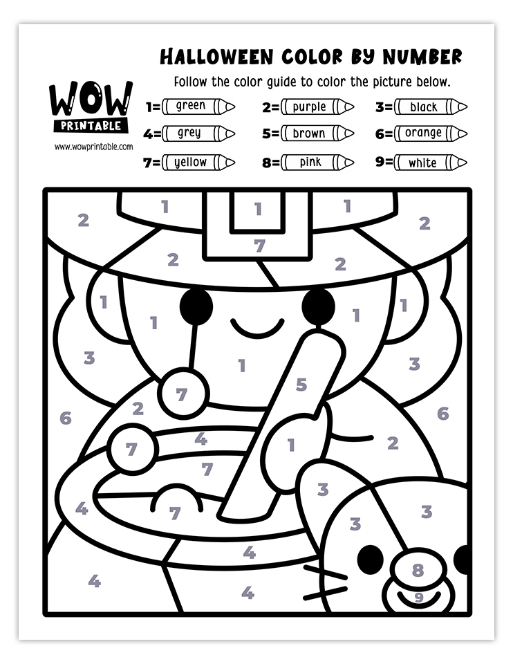 Charming witch color by number activity with green, purple, black, yellow, grey, orange, pink, and white hues. Fun for Halloween crafts.