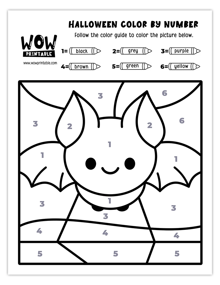 Cute bat color by number activity with black, grey, purple, yellow, brown, and green hues. Perfect for kids' Halloween crafts and fun.