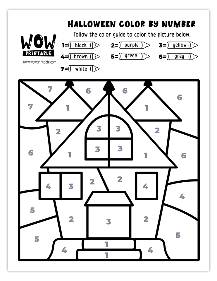 Eerie haunted house color by number activity with black, purple, yellow, brown, green, grey, and white hues. Perfect for spooky Halloween fun.