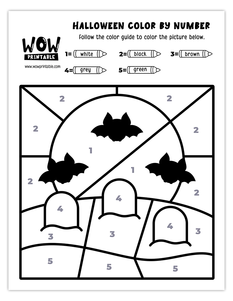 Eerie graveyard color by number activity with white, black, brown, grey, and green hues. A spooky Halloween craft perfect for kids.