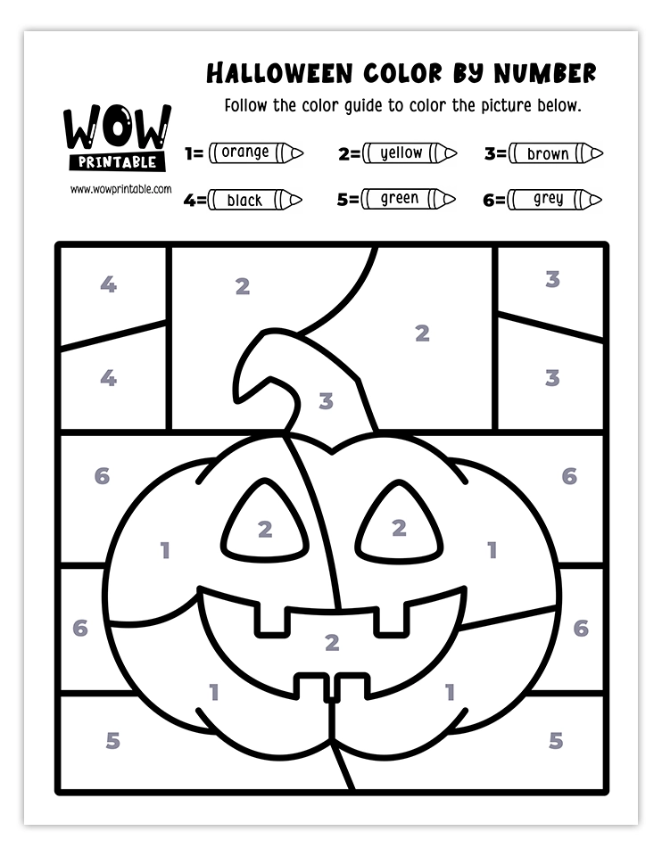 Festive Jack-o'-Lantern color by number activity with orange, yellow, brown, black, green, and grey hues. Perfect for Halloween fun for kids.