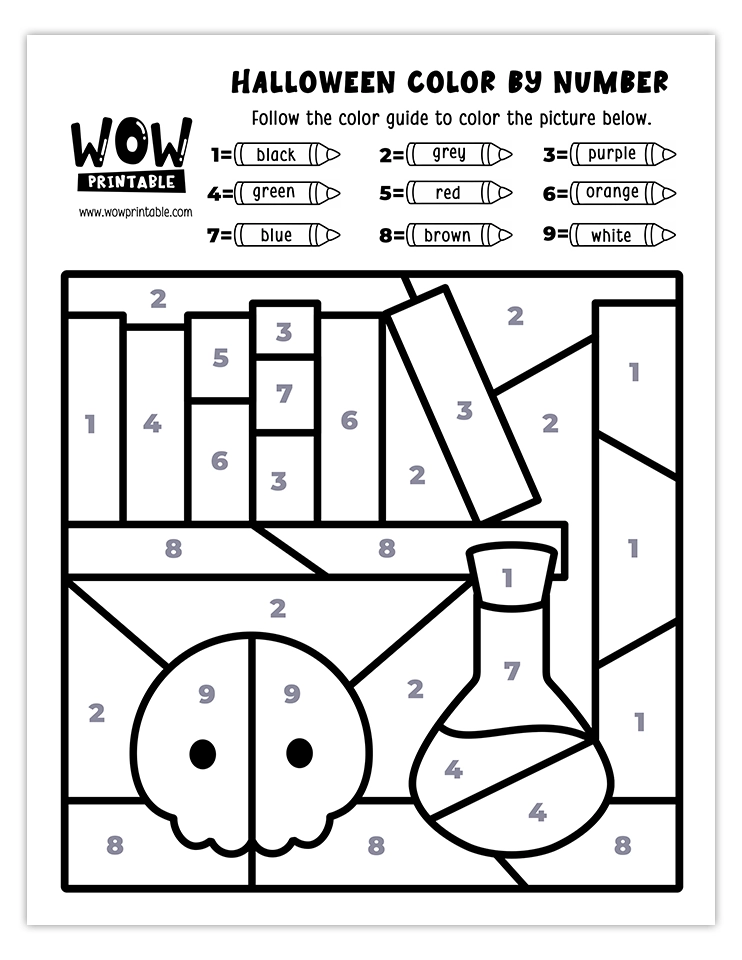 Spooky potion shelf color by number activity with black, grey, green, blue, purple, red, orange, brown, and white hues. Great for Halloween crafts.