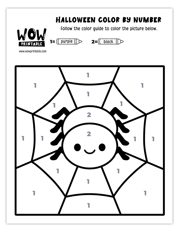 Cute spider on a web color by number activity with purple and black hues. Simple and fun Halloween craft for kids.