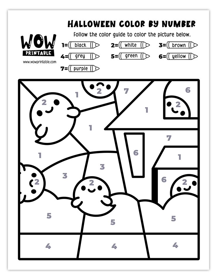 Charming haunted house color by number activity with black, white, purple, yellow, green, and brown hues. Perfect for kids' Halloween fun.