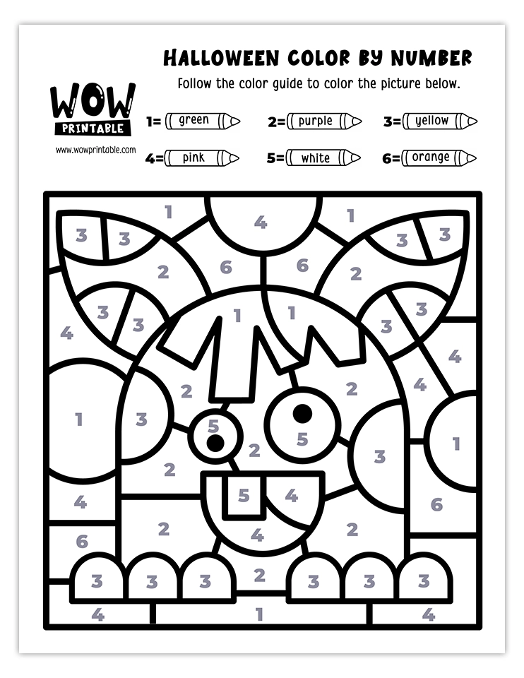 Halloween monster color by number activity with vibrant green, purple, yellow, and orange colors. Fun and educational Halloween craft for kids.