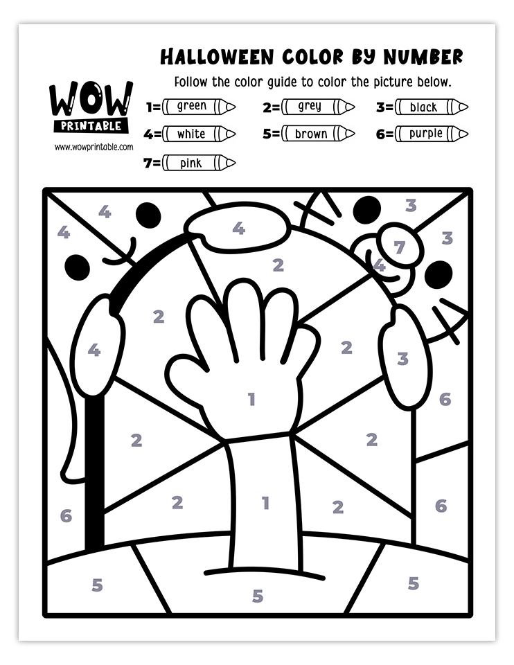 Creepy zombie hand color by number activity with green, grey, black, white, brown, purple, and pink hues. Perfect for kids' Halloween crafts.