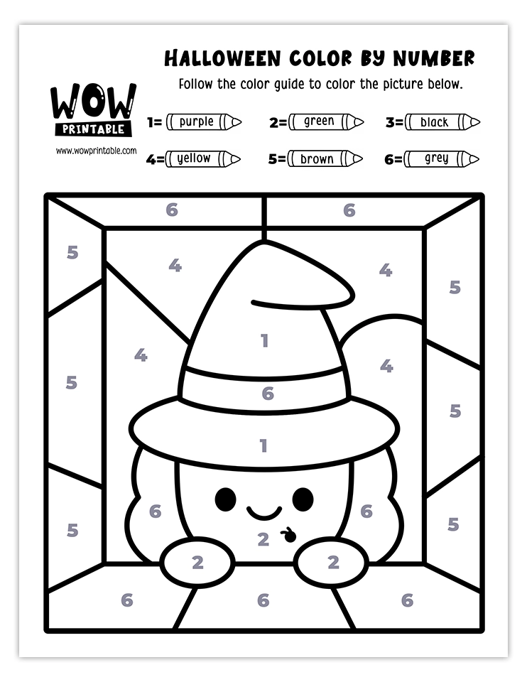 Adorable witch at a window color by number activity with purple, green, black, yellow, brown, and grey hues. Perfect for Halloween fun for kids.