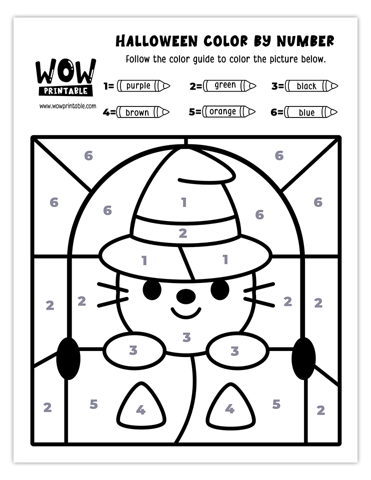 Adorable witch cat color by number activity with purple, green, black, brown, orange, and blue hues. Perfect for Halloween fun for kids.