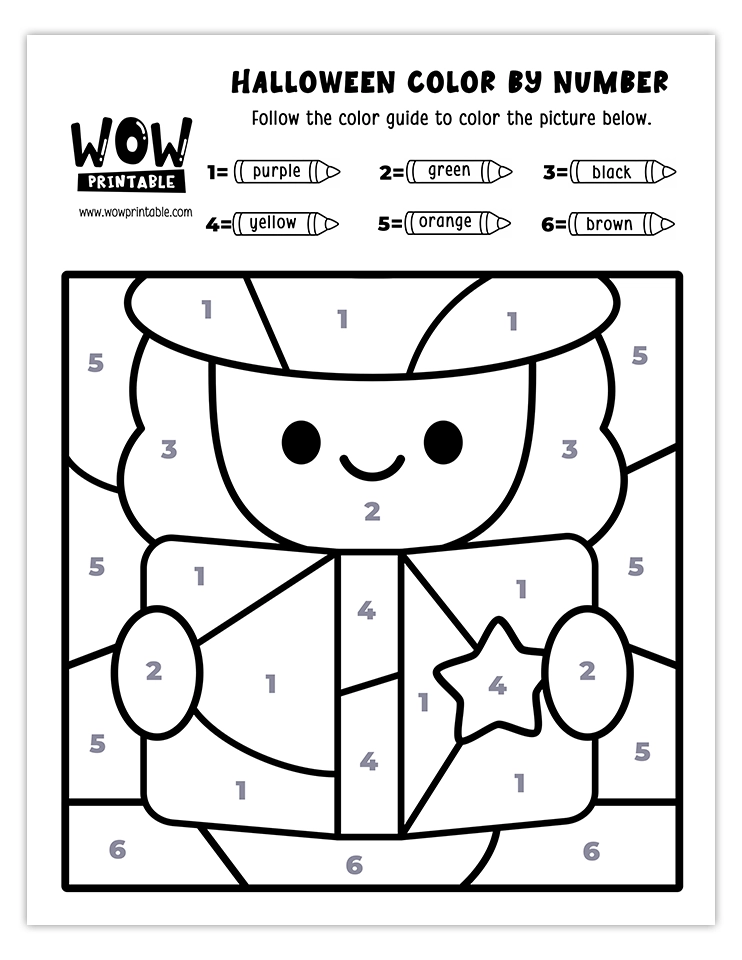 Adorable witch with star color by number activity with purple, green, black, yellow, orange, and brown hues. Perfect for Halloween fun for kids.