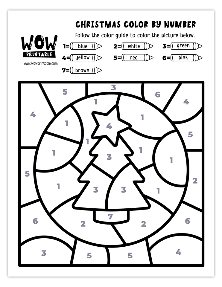 Color by number worksheet with a Christmas tree and star featuring holiday colors like blue, green, yellow, red, white, and pink.