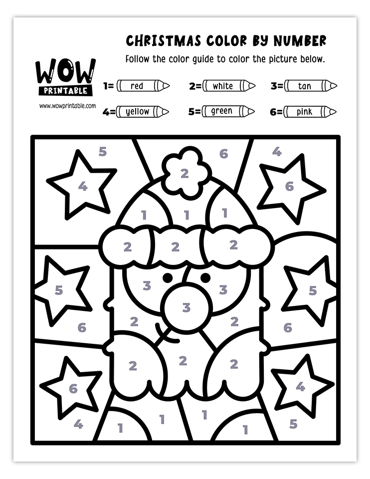 Christmas color by number worksheet with Jolly Old Saint Nick featuring red, white, green, yellow, and pink colors for holiday fun.