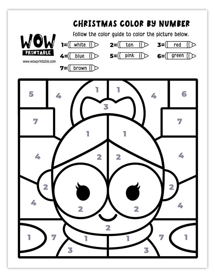 Color by number worksheet featuring Mrs. Claus with festive colors like red, white, blue, tan, pink, green, and brown.