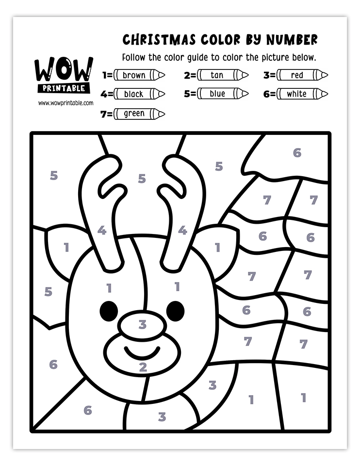 Color by number worksheet featuring Rudolph the red-nosed reindeer with festive colors like brown, red, green, blue, white, and black.