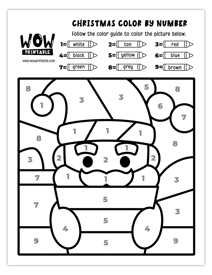 Color by number worksheet featuring Santa Claus with festive colors like red, white, yellow, green, blue, and grey.