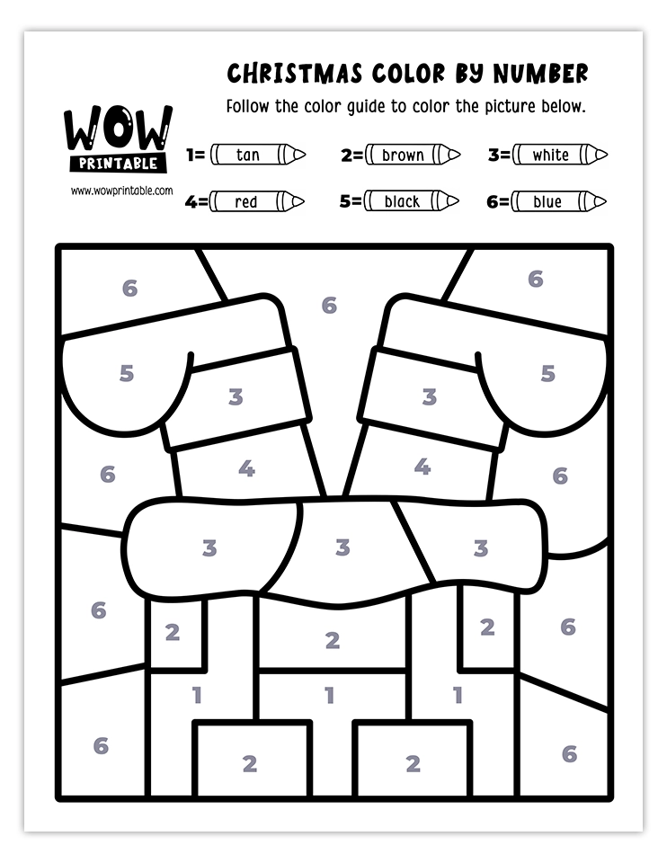 Color by number worksheet with Santa's boots in a chimney featuring festive colors like red, white, black, blue, and brown.