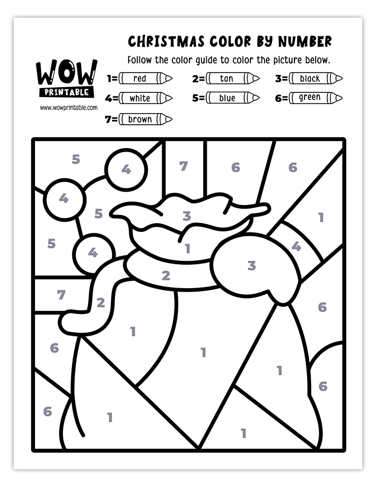 Color by number worksheet featuring Santa's gift bag with festive colors like red, white, black, green, tan, and blue.