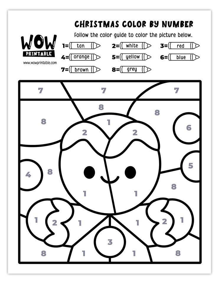 Color by number worksheet featuring a smiling gingerbread man with festive colors like tan, white, red, orange, yellow, and grey.