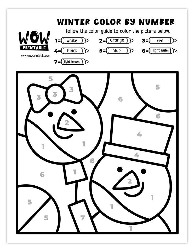 Charming snow couple color by number worksheet with a festive winter theme, perfect for kids' creative fun.