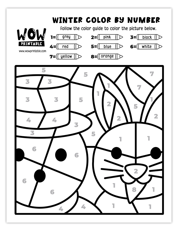 Adorable snowman and bunny color by number worksheet, perfect for kids' holiday creativity and festive fun.