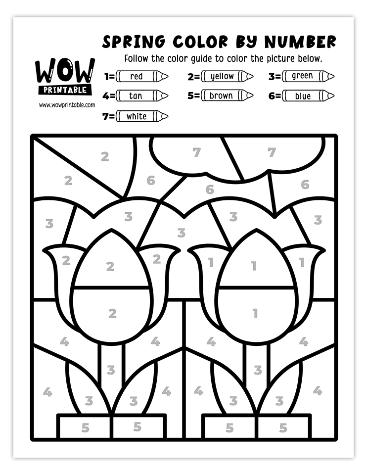 Spring color by number worksheet featuring bright yellow and red tulips in a vibrant garden setting.