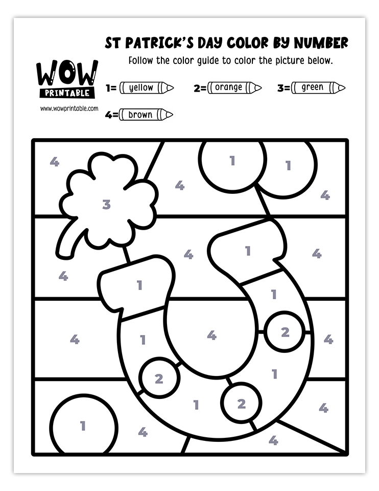 Color by number worksheet featuring a golden horseshoe and shamrock, ideal for celebrating St. Patrick's Day with creative fun.