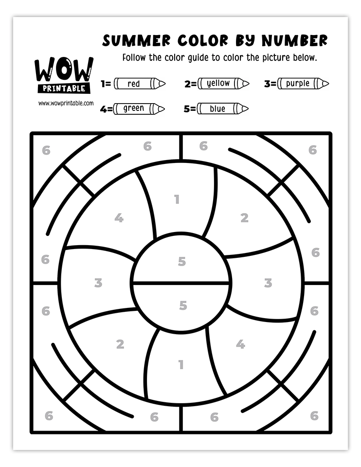 Color by number worksheet featuring a vibrant beach ball with sunny ocean colors, perfect for kids' creative and fun summer activities.