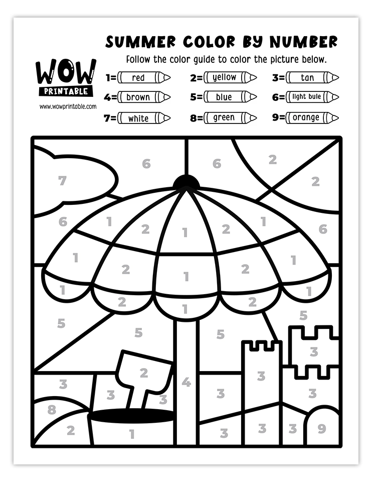 Color by number worksheet featuring a vibrant beach umbrella with sandcastles, perfect for kids' fun and creative summer activities.