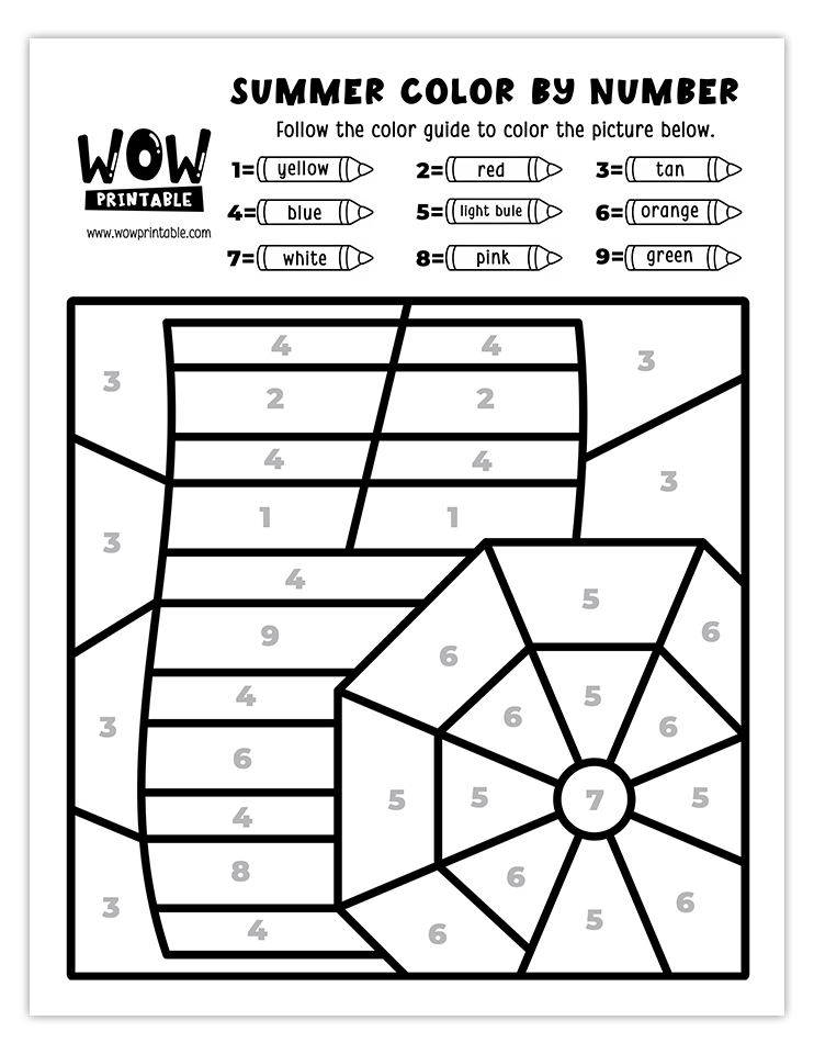 Color by number worksheet featuring a colorful beach umbrella and towel, perfect for kids' creative and engaging summer activities.