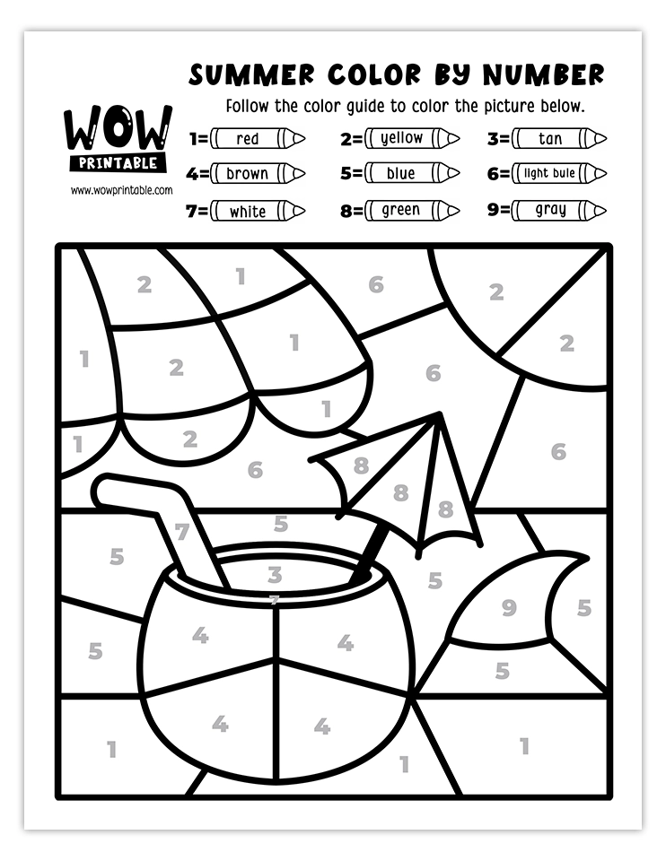 Color by number worksheet featuring a tropical coconut drink with a beach umbrella, perfect for kids' creative summer activities.