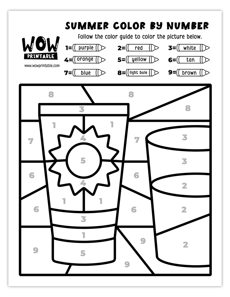 Color by number worksheet featuring a Cold Drink drink on a sunny beach, perfect for kids' fun and creative summer activities.