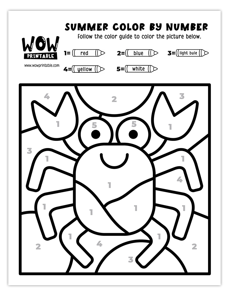 Color by number worksheet featuring a cheerful summer crab with oceanic and beach vibes, ideal for kids' fun learning activities.