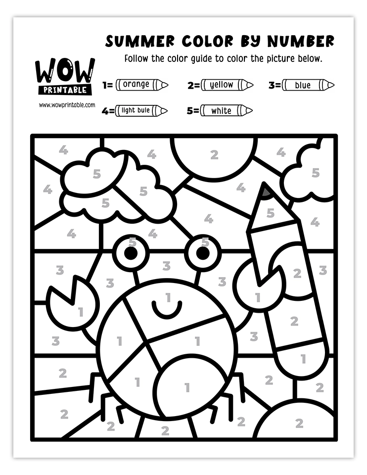 Color by number worksheet featuring a cheerful crab holding a pencil in a sunny beach scene, perfect for kids' creative summer activities.