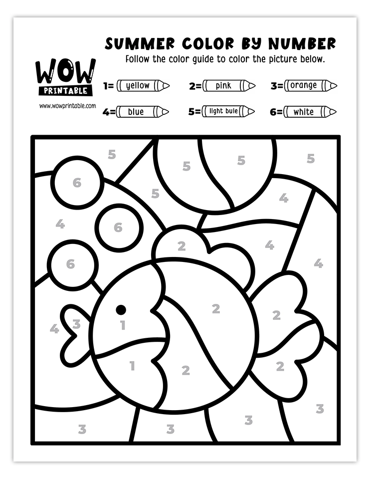 Color by number worksheet featuring a vibrant summer-themed fish with easy-to-follow color guide, perfect for kids' fun learning.