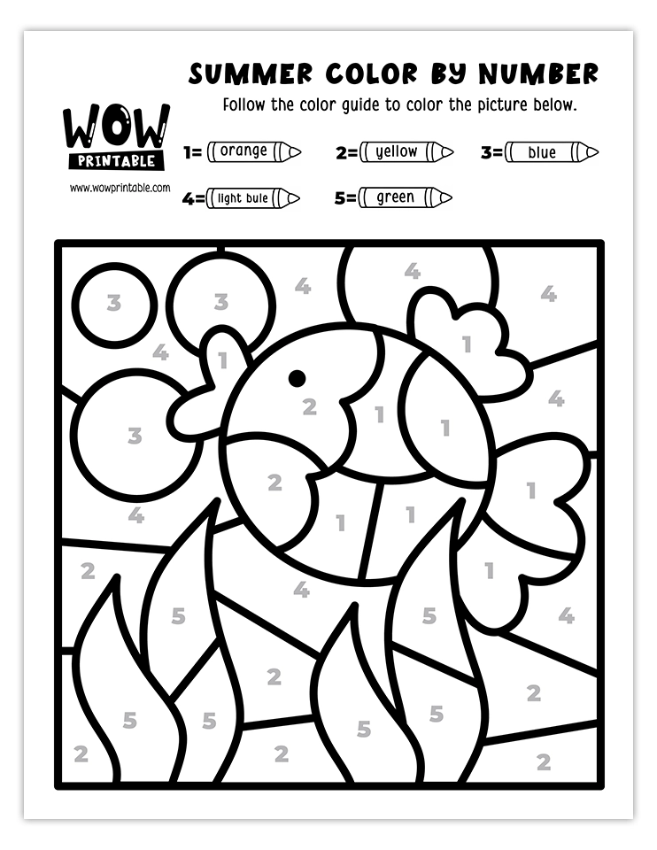 Color by number worksheet featuring a vibrant fish in an ocean scene, perfect for kids' summer-themed creative activities and fun.