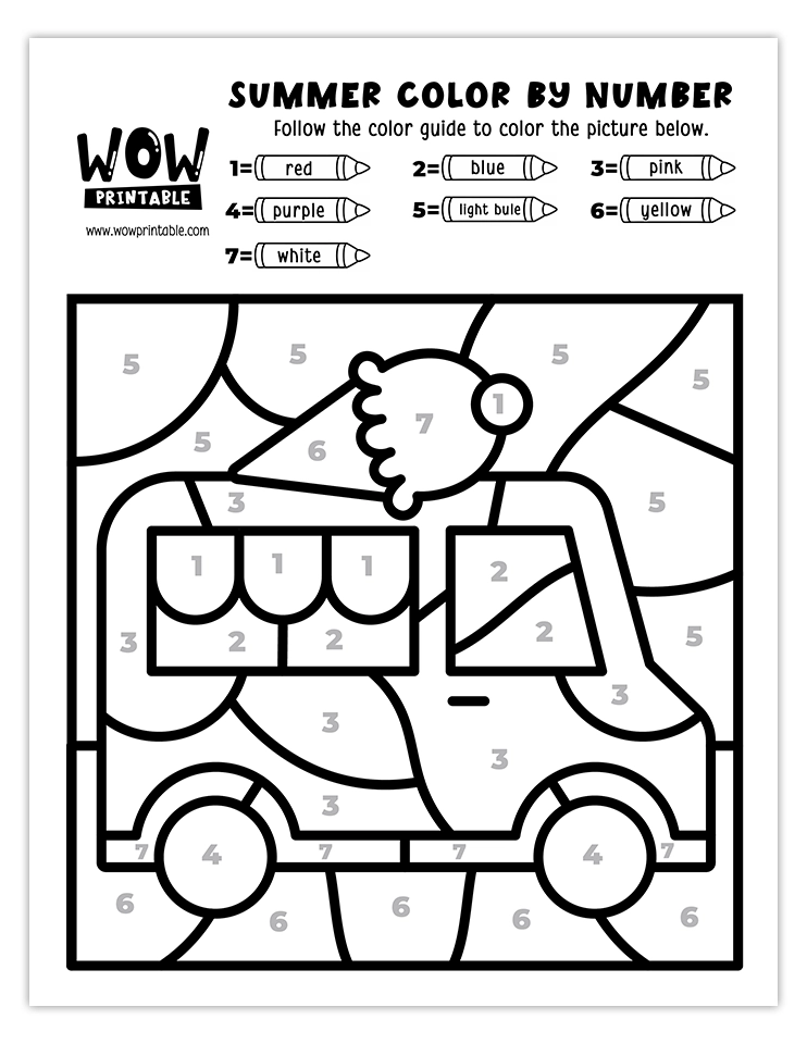 Color by number worksheet featuring a cheerful summer ice cream truck with bright colors, perfect for kids' fun and creativity.