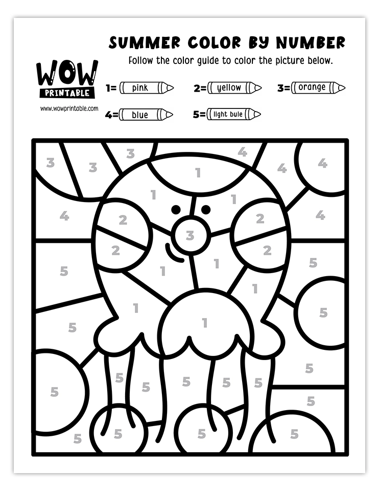 Color by number worksheet featuring a cheerful Octopus in oceanic colors, perfect for kids' fun and creative summer activities.